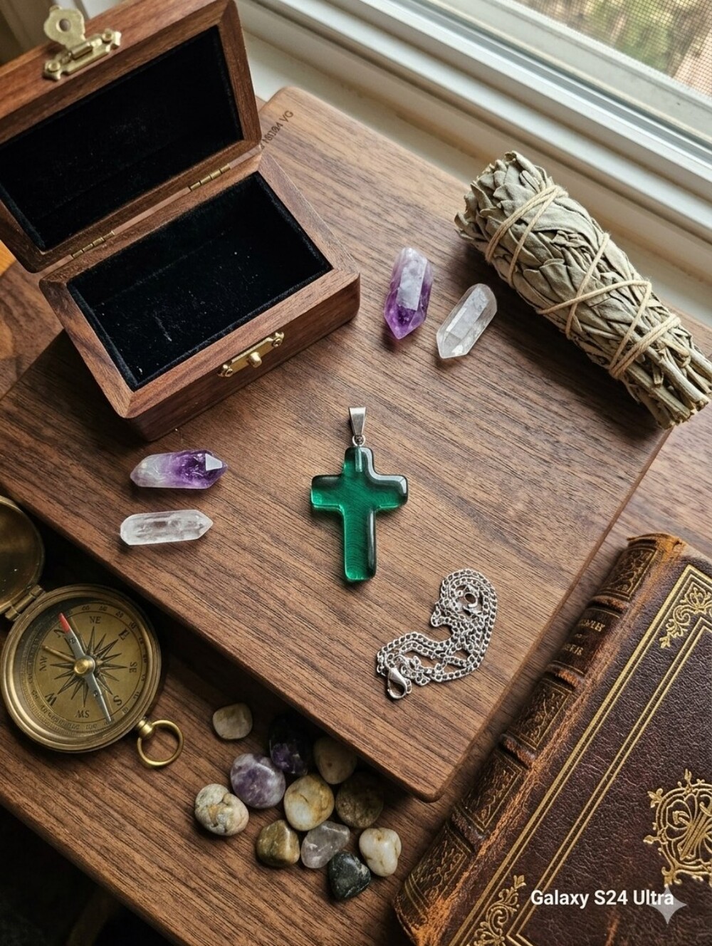 Green Glass Cross Pendant Necklace With Cord